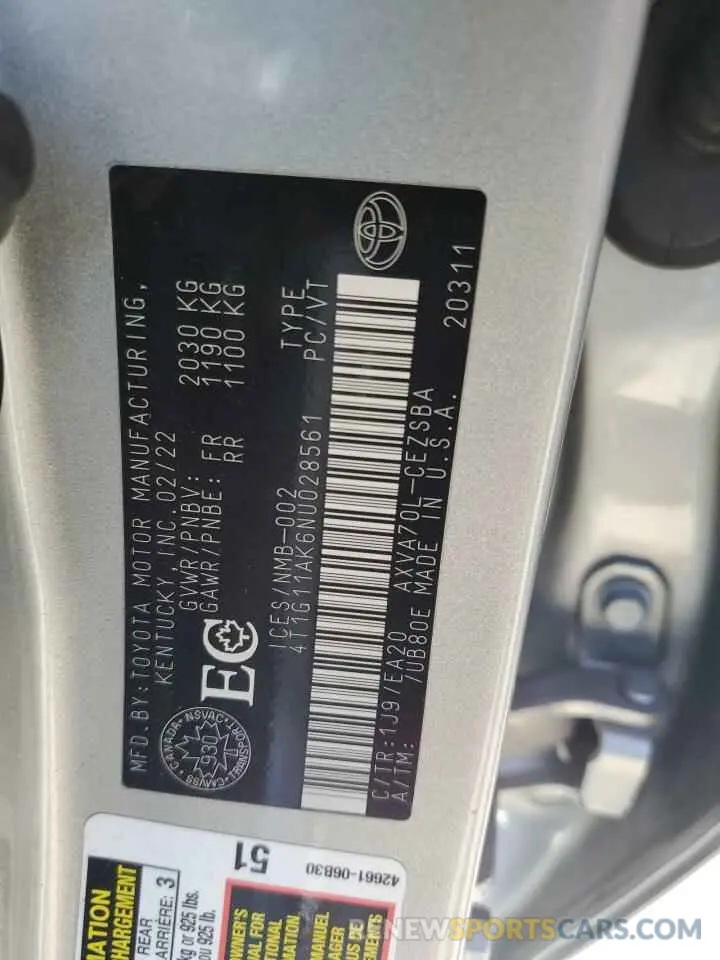 13 fotografías del automóvil dañado 4T1G11AK6NU028561 TOYOTA CAMRY 2022