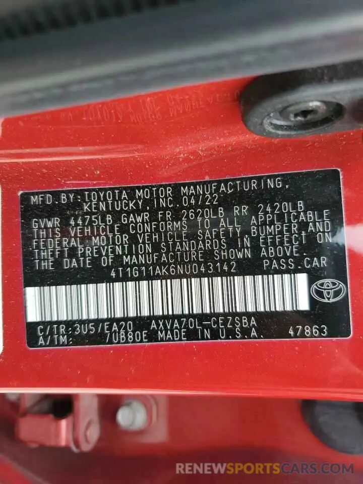 12 fotografías del automóvil dañado 4T1G11AK6NU043142 TOYOTA CAMRY 2022