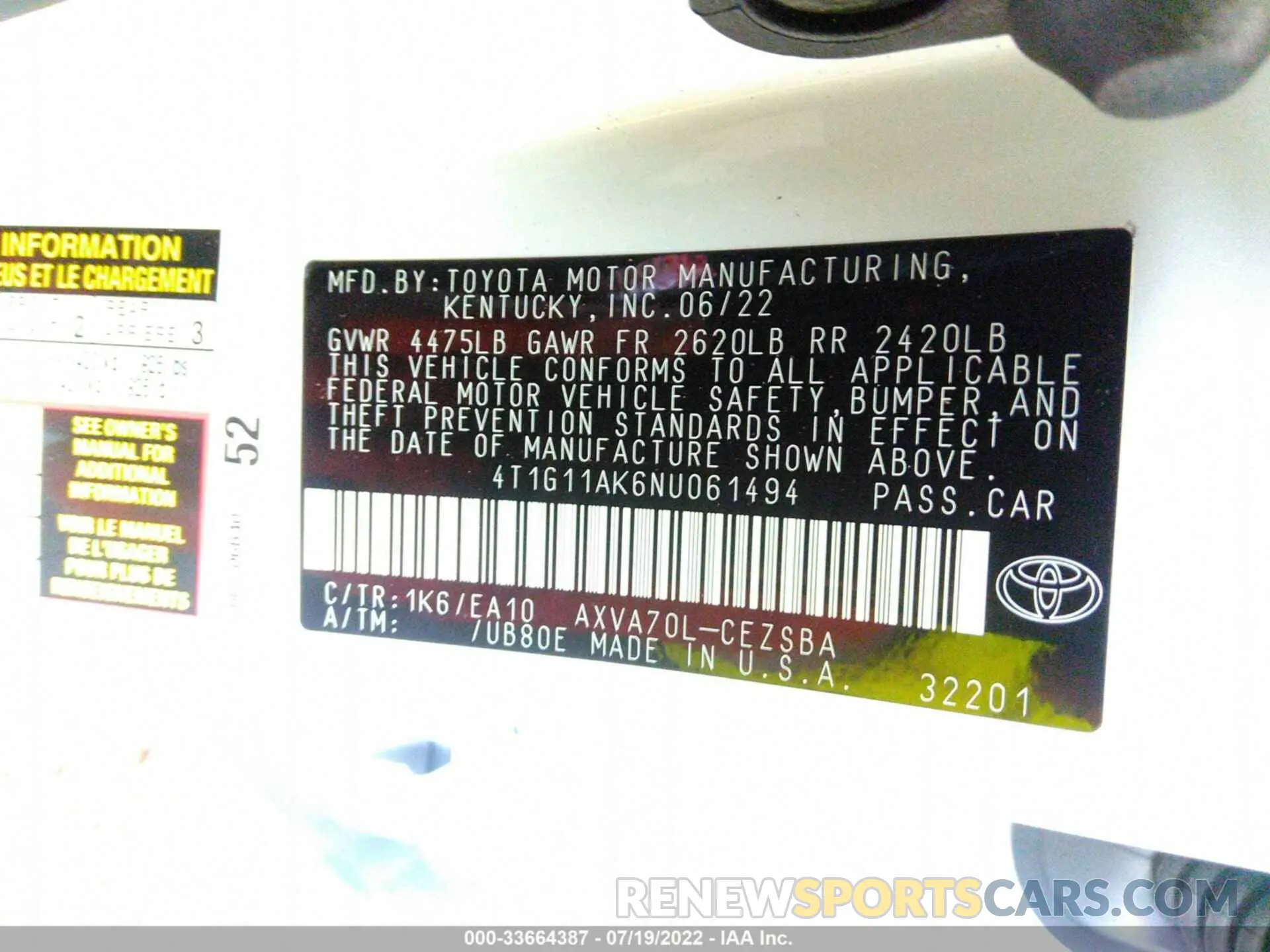 9 fotografías del automóvil dañado 4T1G11AK6NU061494 TOYOTA CAMRY 2022