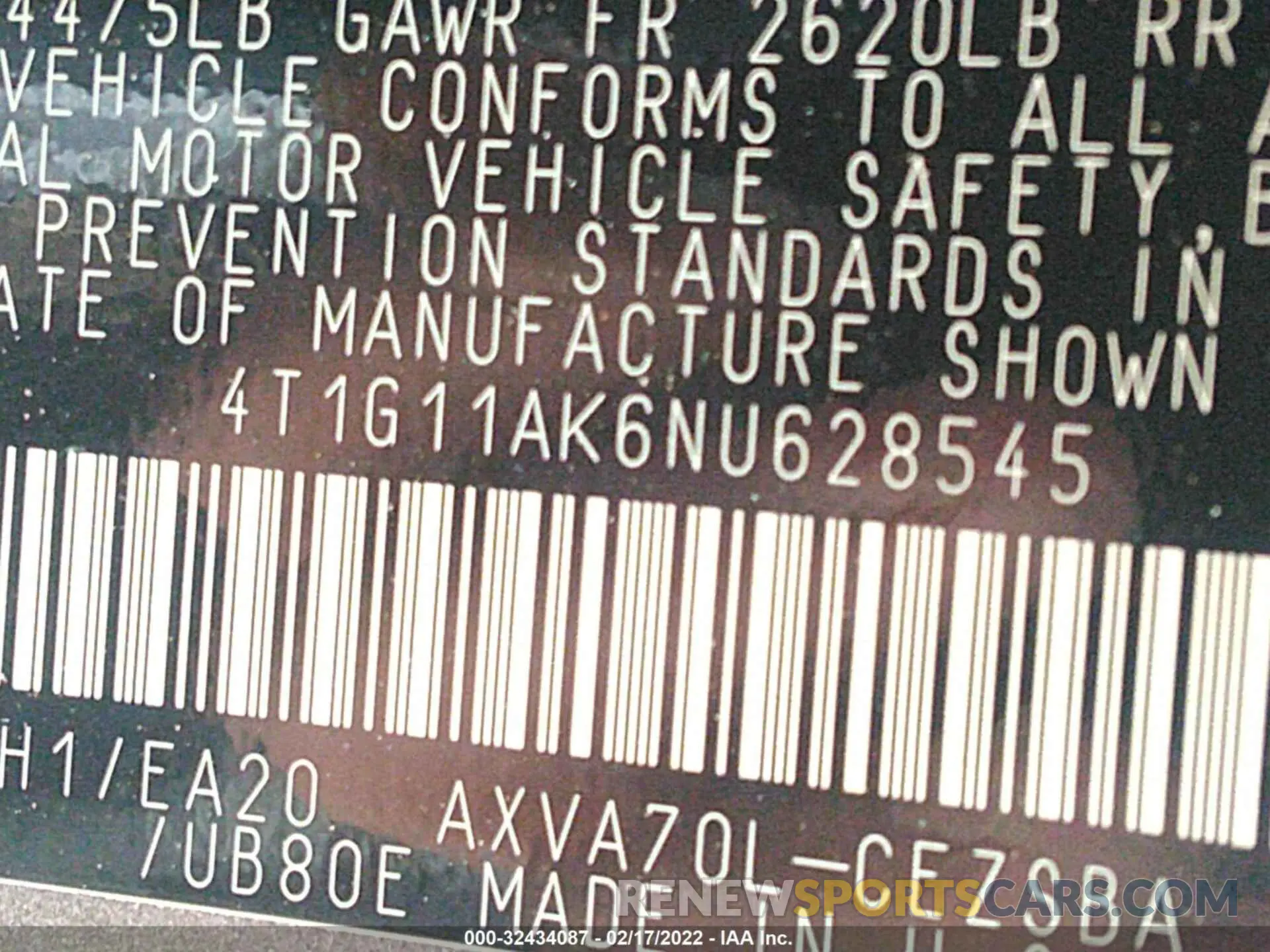 9 fotografías del automóvil dañado 4T1G11AK6NU628545 TOYOTA CAMRY 2022