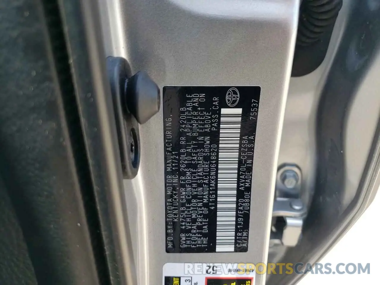 10 fotografías del automóvil dañado 4T1G11AK6NU648620 TOYOTA CAMRY 2022