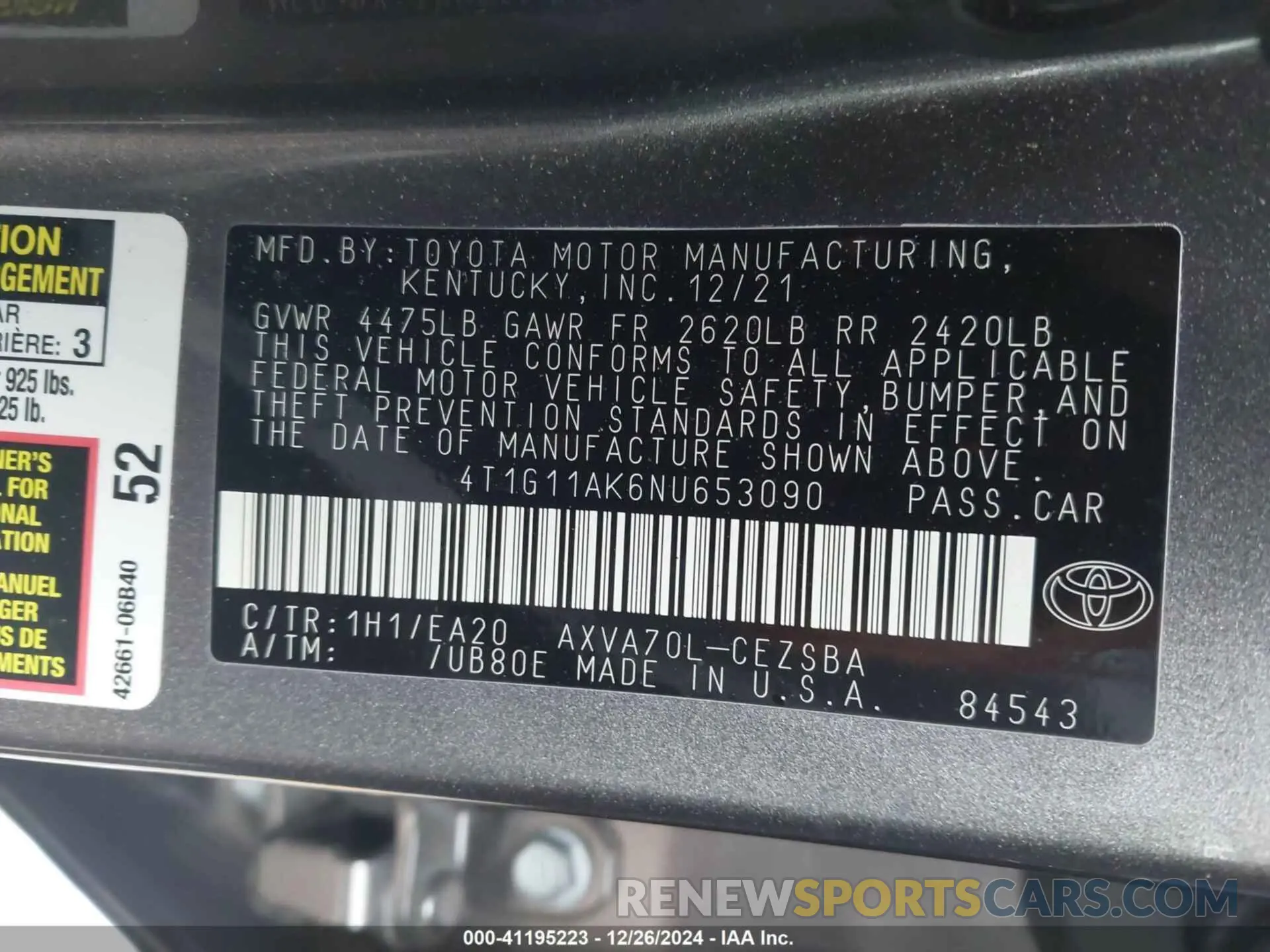 9 fotografías del automóvil dañado 4T1G11AK6NU653090 TOYOTA CAMRY 2022