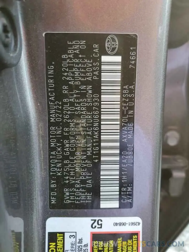 12 fotografías del automóvil dañado 4T1G11AK6NU667930 TOYOTA CAMRY 2022