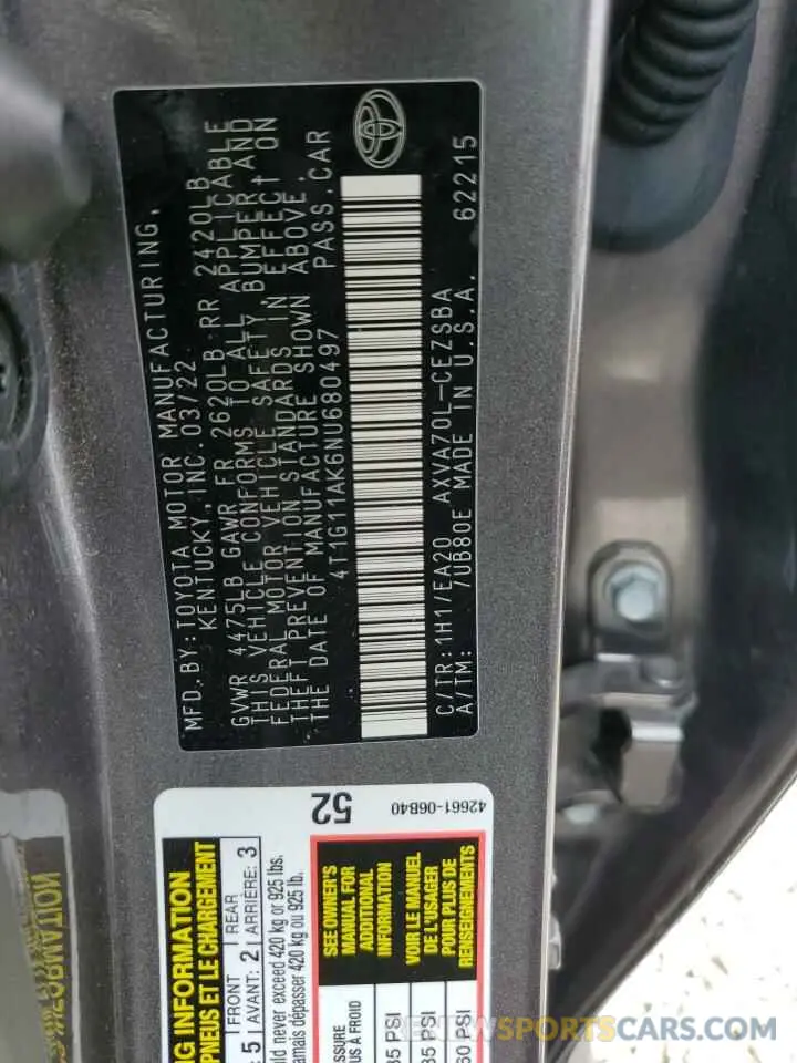 13 fotografías del automóvil dañado 4T1G11AK6NU680497 TOYOTA CAMRY 2022