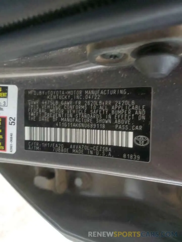 12 fotografías del automóvil dañado 4T1G11AK6NU689118 TOYOTA CAMRY 2022
