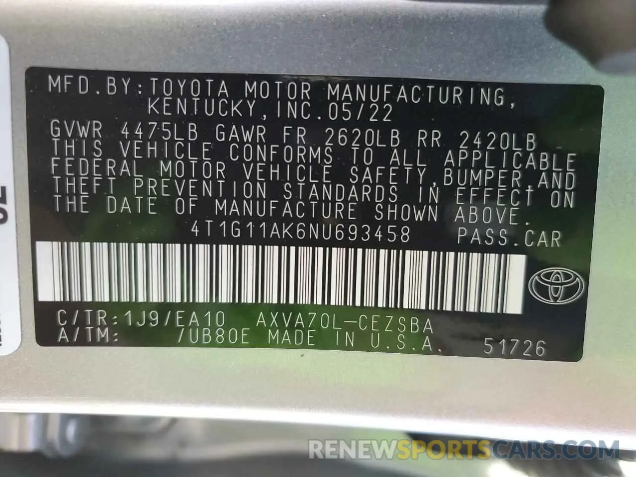 12 fotografías del automóvil dañado 4T1G11AK6NU693458 TOYOTA CAMRY 2022