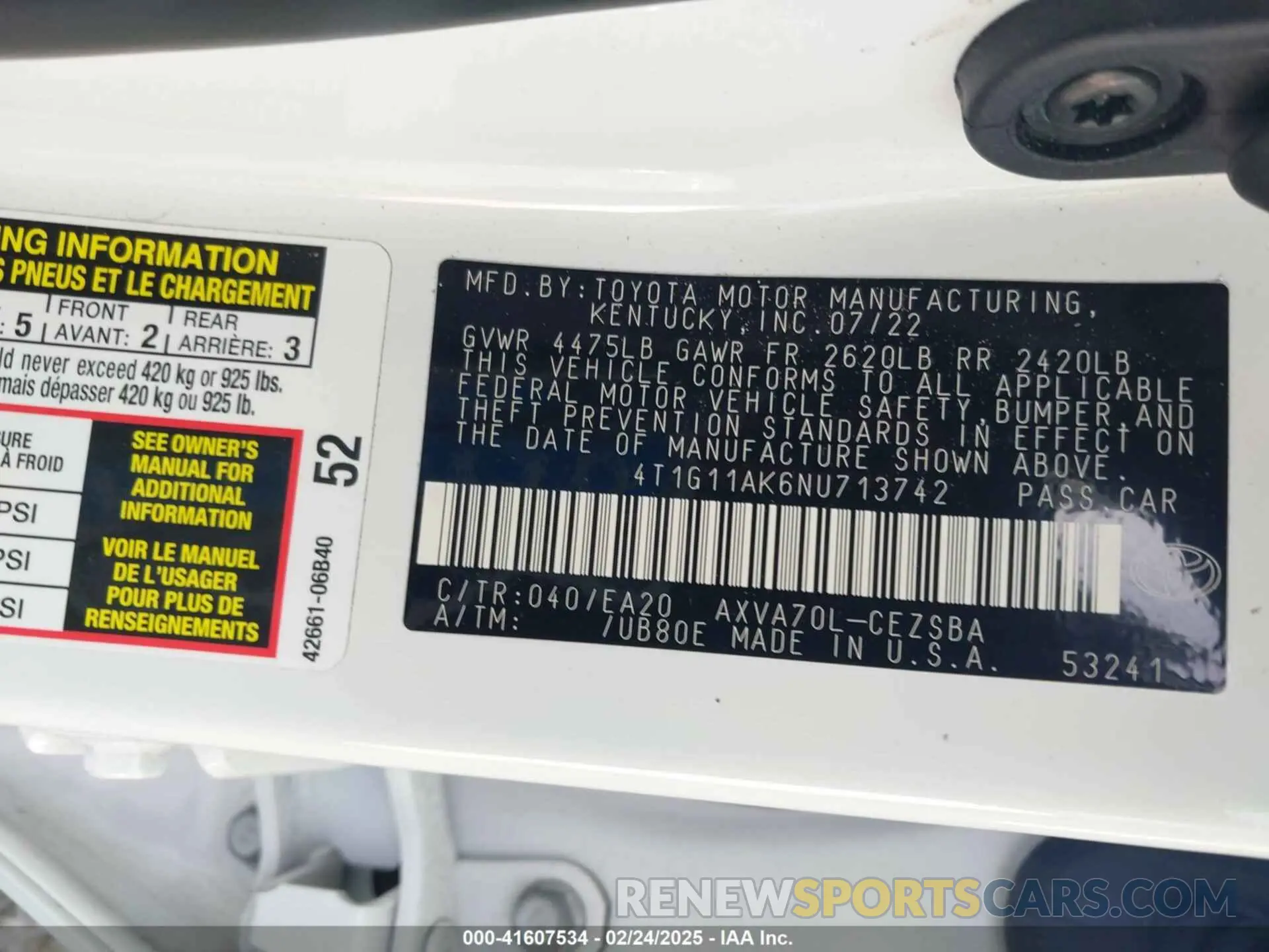 9 fotografías del automóvil dañado 4T1G11AK6NU713742 TOYOTA CAMRY 2022