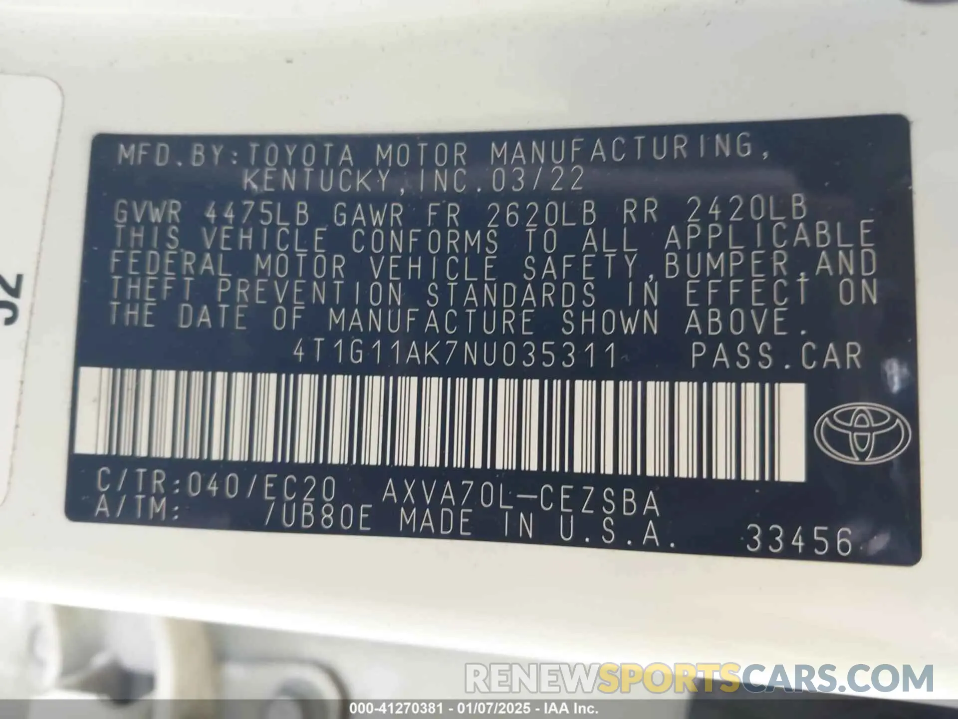 9 fotografías del automóvil dañado 4T1G11AK7NU035311 TOYOTA CAMRY 2022