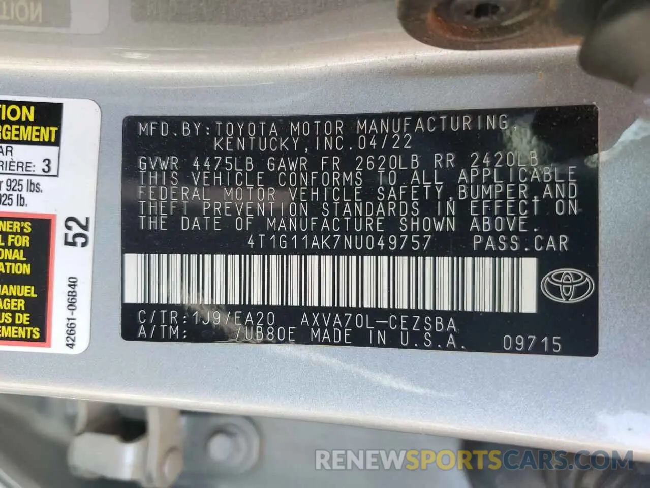 13 fotografías del automóvil dañado 4T1G11AK7NU049757 TOYOTA CAMRY 2022