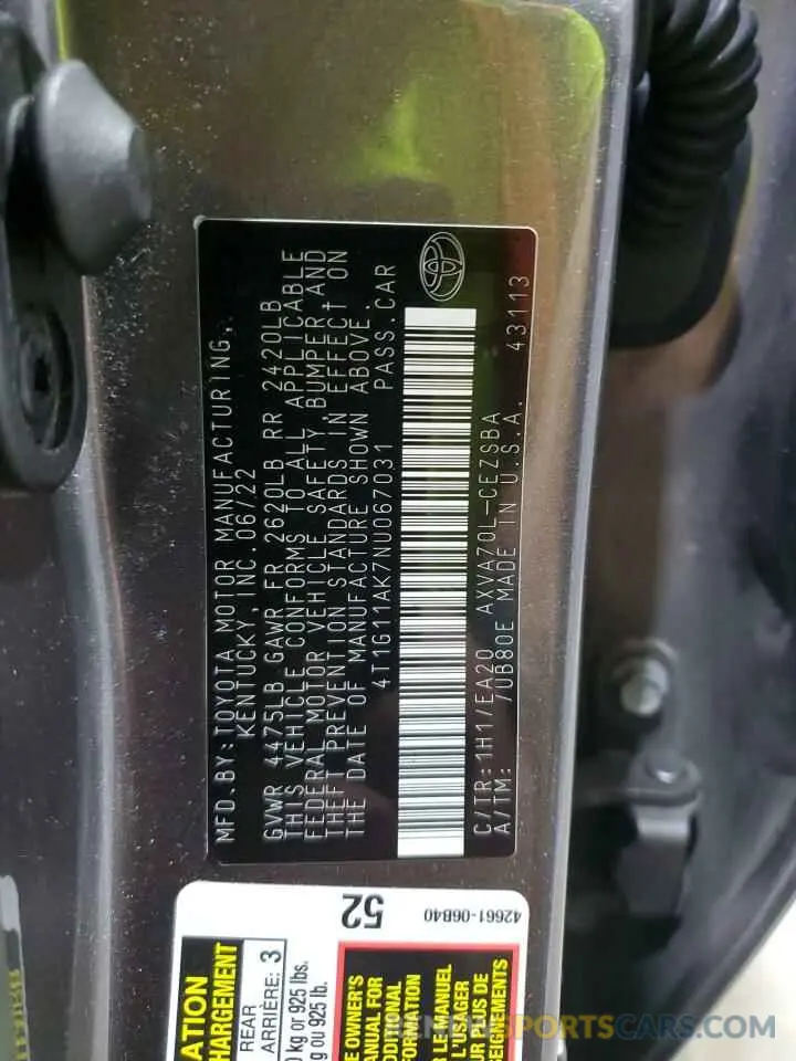 12 fotografías del automóvil dañado 4T1G11AK7NU067031 TOYOTA CAMRY 2022