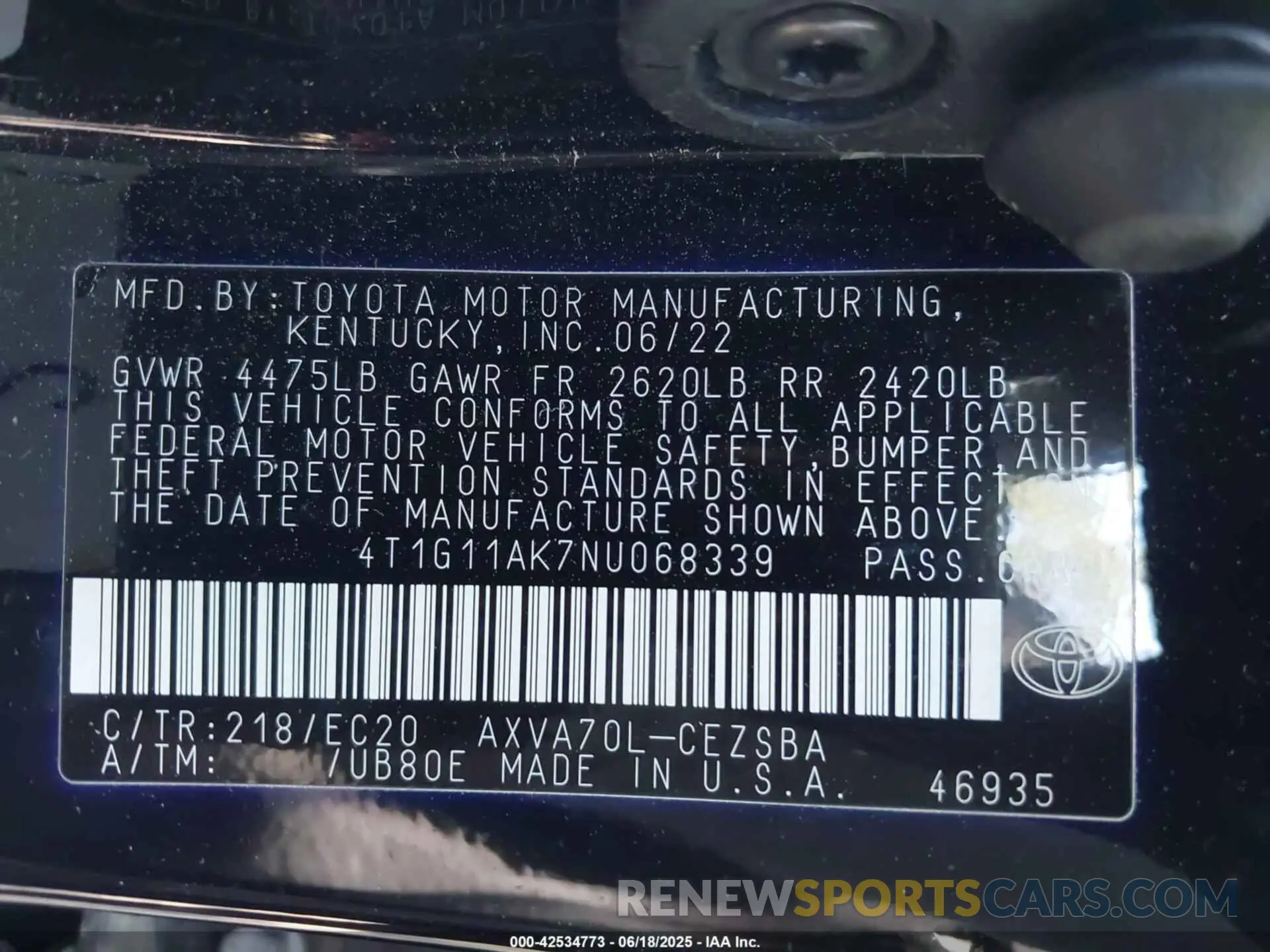 9 fotografías del automóvil dañado 4T1G11AK7NU068339 TOYOTA CAMRY 2022
