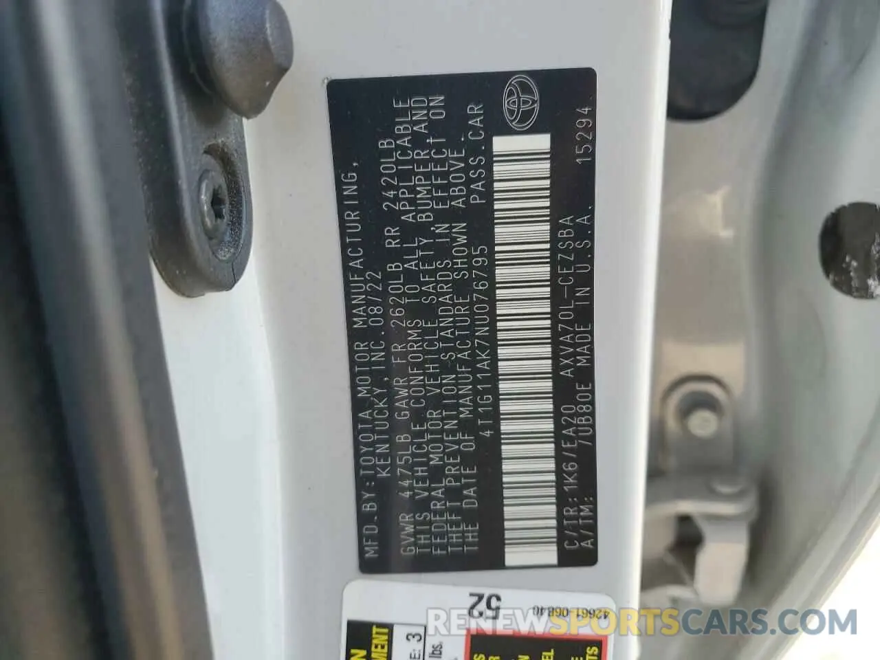 13 fotografías del automóvil dañado 4T1G11AK7NU076795 TOYOTA CAMRY 2022