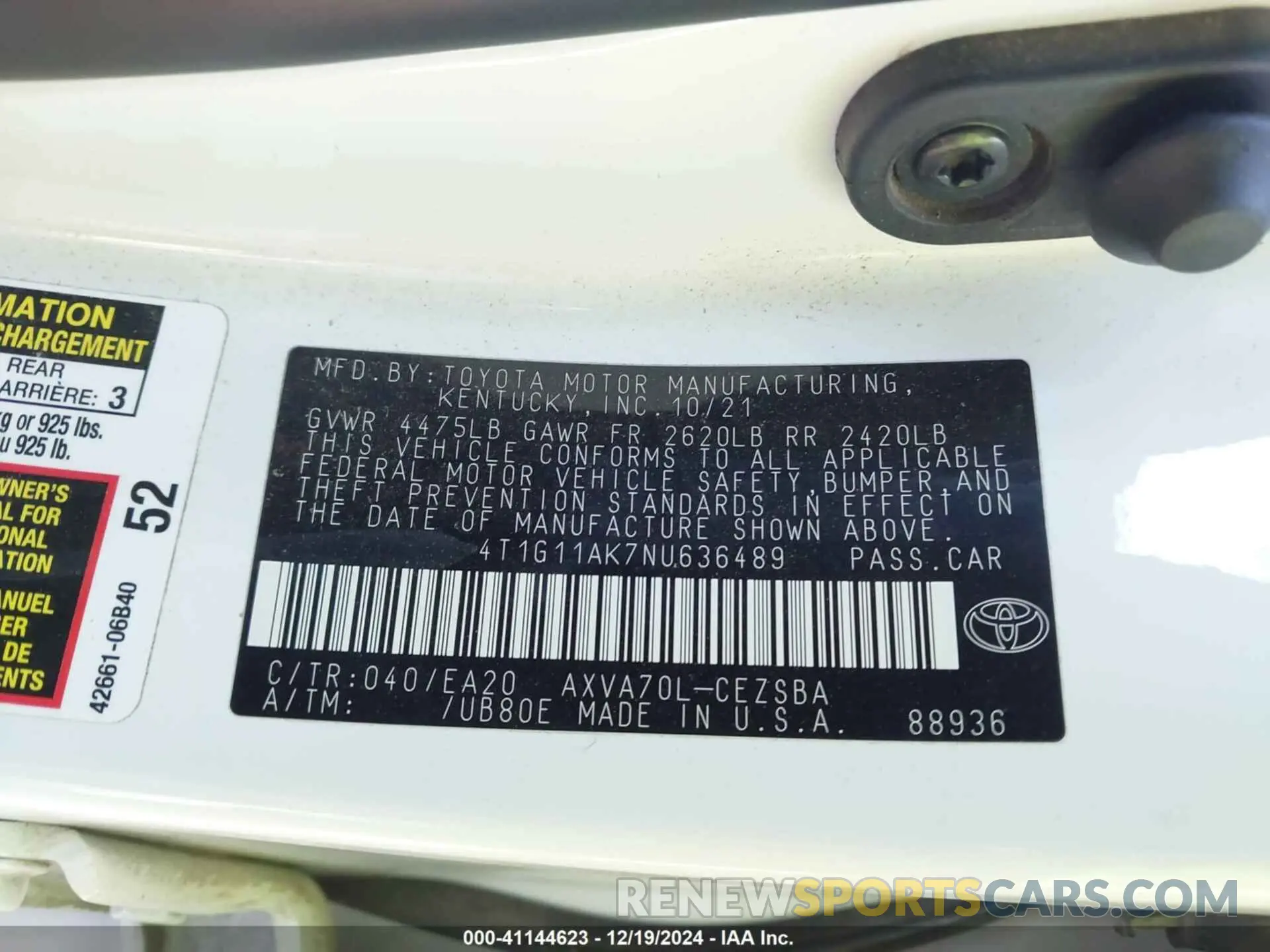9 fotografías del automóvil dañado 4T1G11AK7NU636489 TOYOTA CAMRY 2022