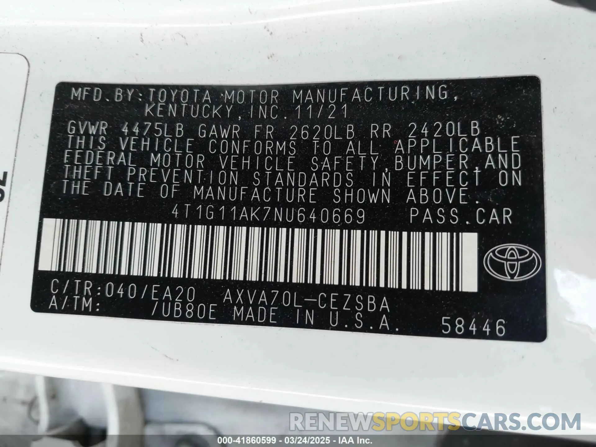 9 fotografías del automóvil dañado 4T1G11AK7NU640669 TOYOTA CAMRY 2022