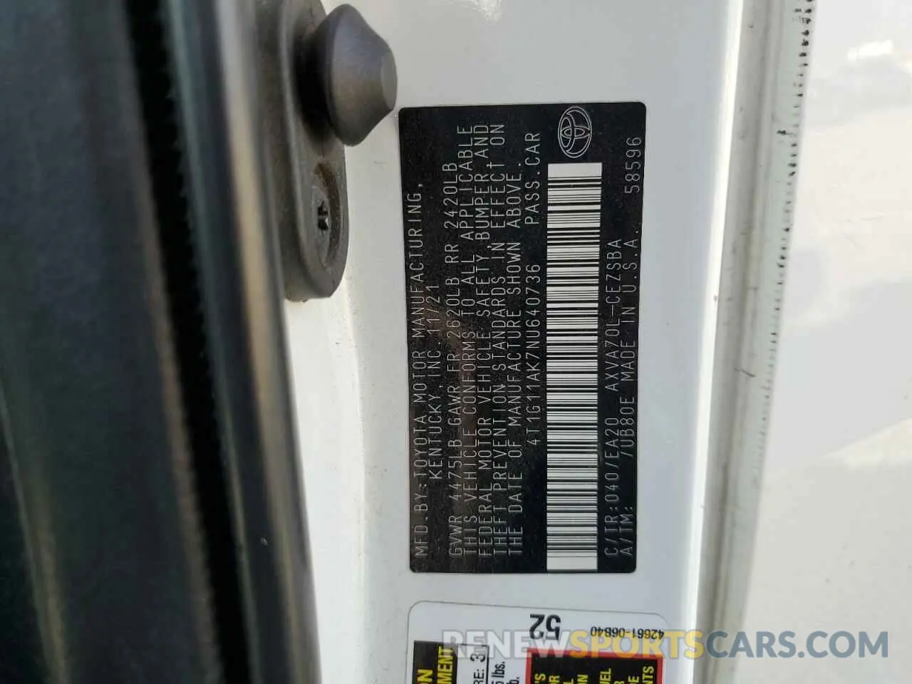 13 fotografías del automóvil dañado 4T1G11AK7NU640736 TOYOTA CAMRY 2022