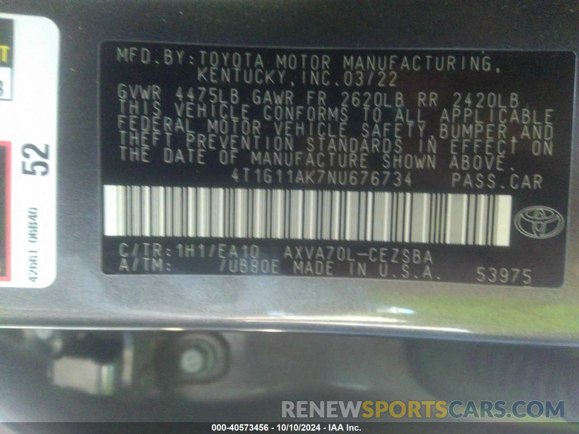 9 fotografías del automóvil dañado 4T1G11AK7NU676734 TOYOTA CAMRY 2022