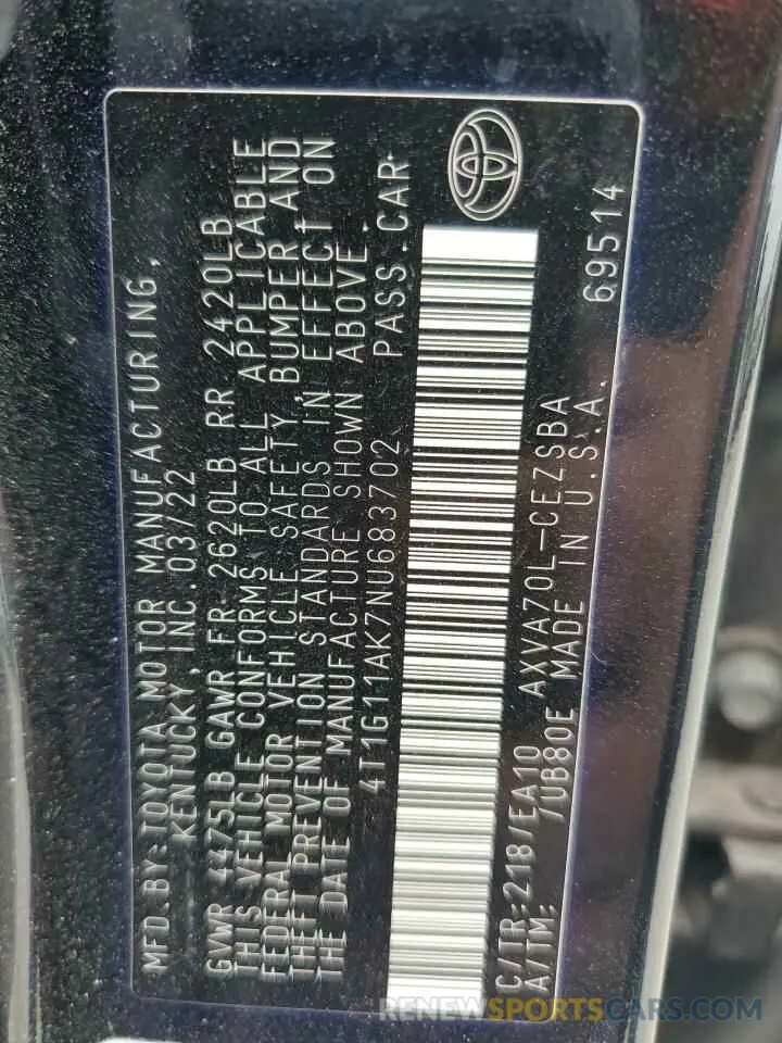 12 fotografías del automóvil dañado 4T1G11AK7NU683702 TOYOTA CAMRY 2022