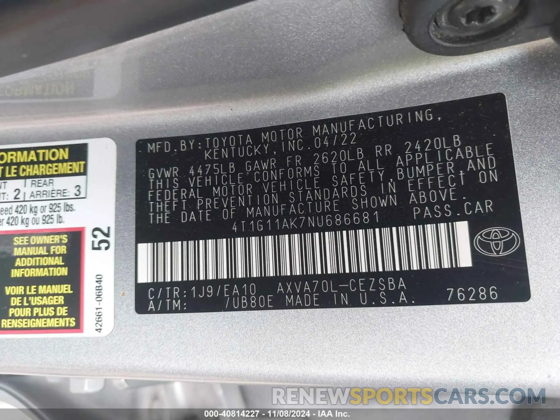 9 fotografías del automóvil dañado 4T1G11AK7NU686681 TOYOTA CAMRY 2022