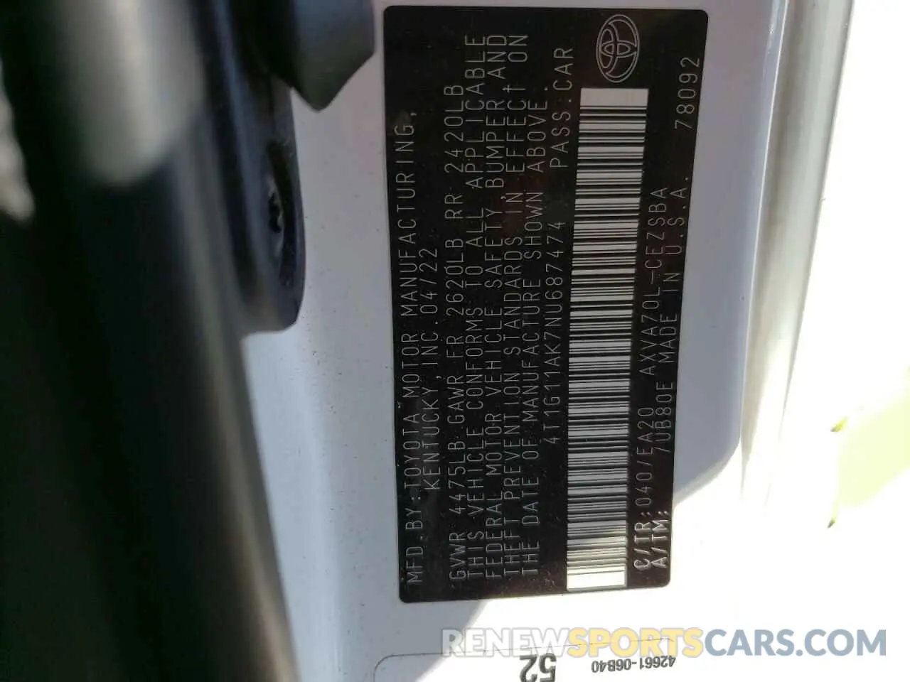 12 fotografías del automóvil dañado 4T1G11AK7NU687474 TOYOTA CAMRY 2022