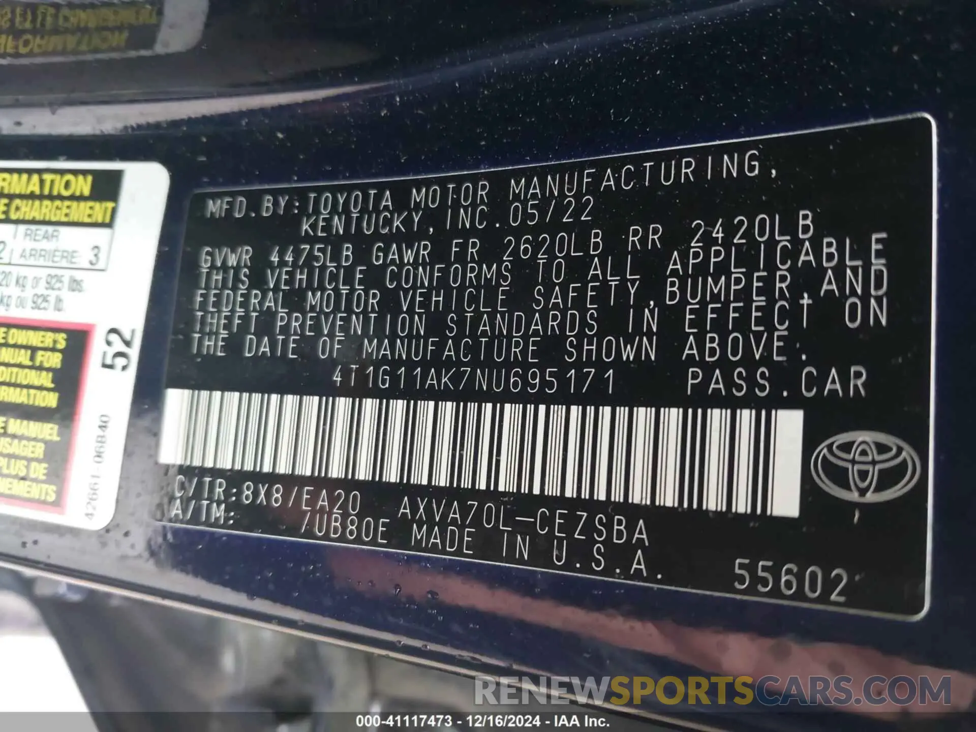 9 fotografías del automóvil dañado 4T1G11AK7NU695171 TOYOTA CAMRY 2022