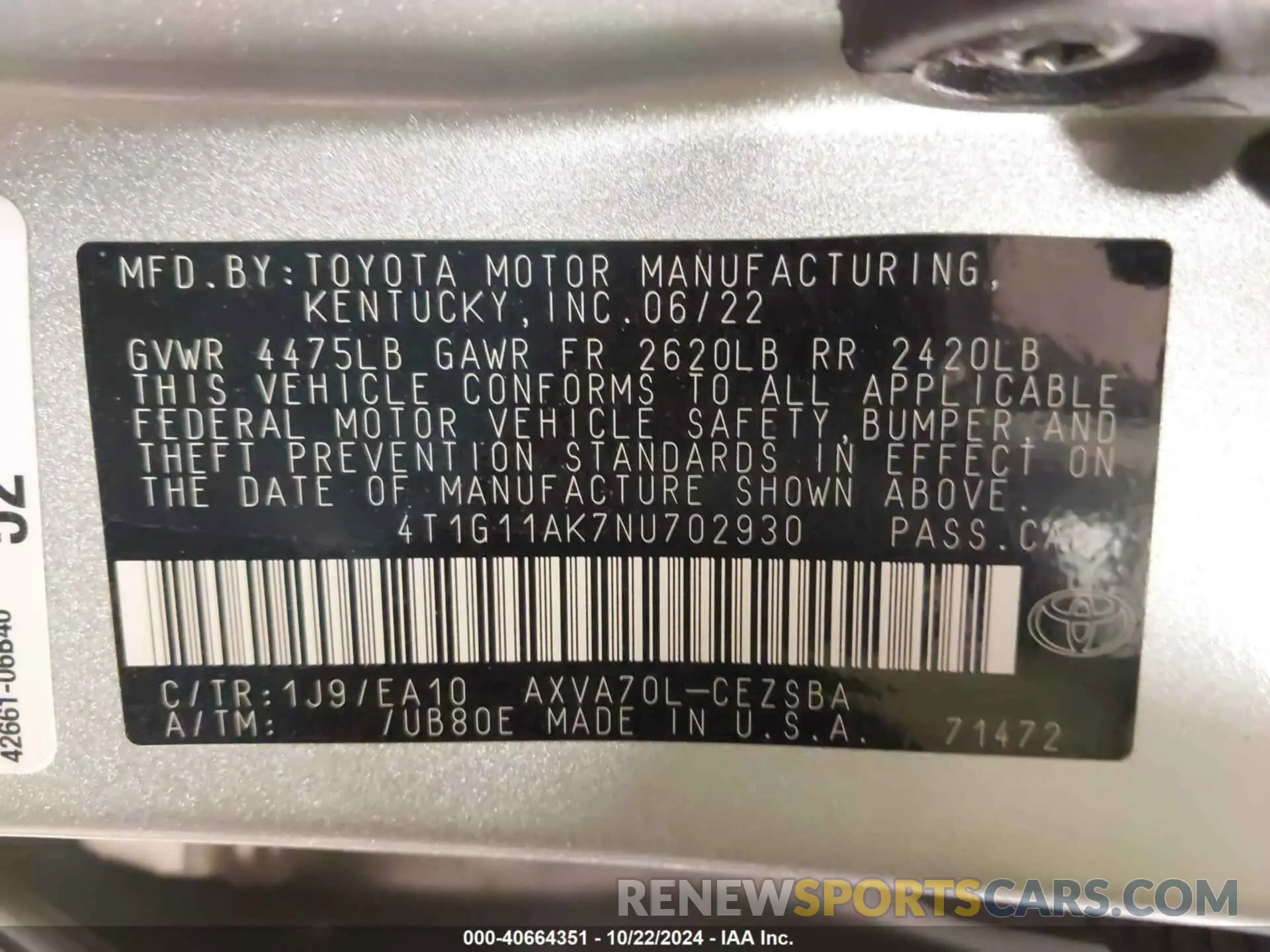 9 fotografías del automóvil dañado 4T1G11AK7NU702930 TOYOTA CAMRY 2022