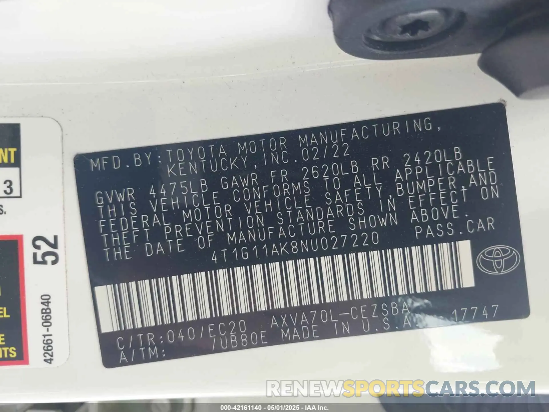 9 fotografías del automóvil dañado 4T1G11AK8NU027220 TOYOTA CAMRY 2022