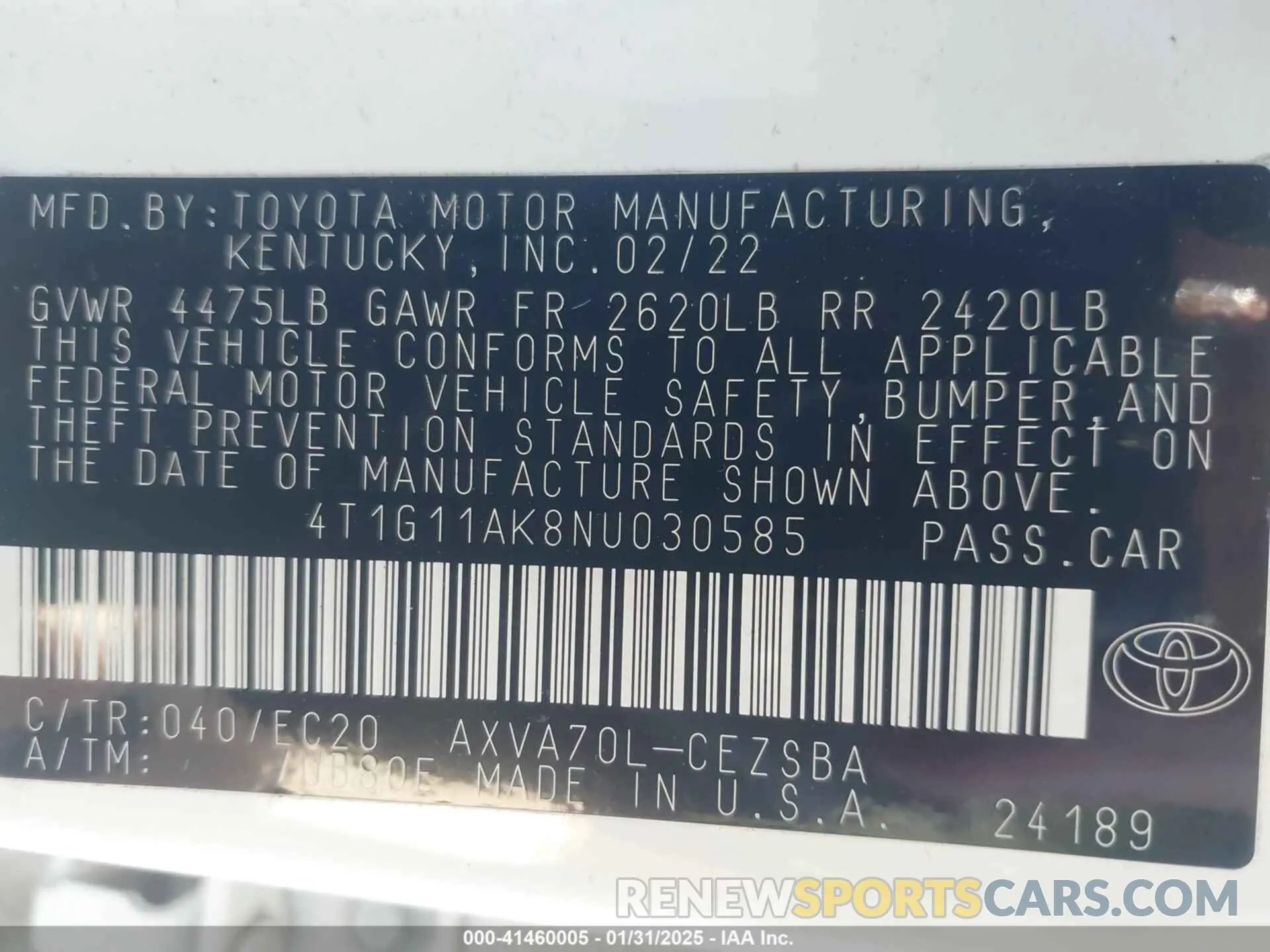 9 fotografías del automóvil dañado 4T1G11AK8NU030585 TOYOTA CAMRY 2022