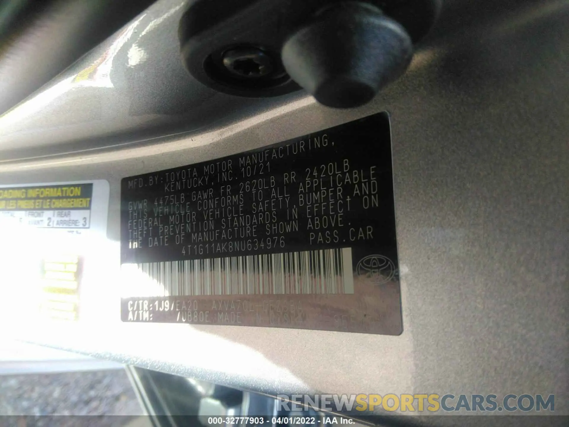 9 fotografías del automóvil dañado 4T1G11AK8NU634976 TOYOTA CAMRY 2022