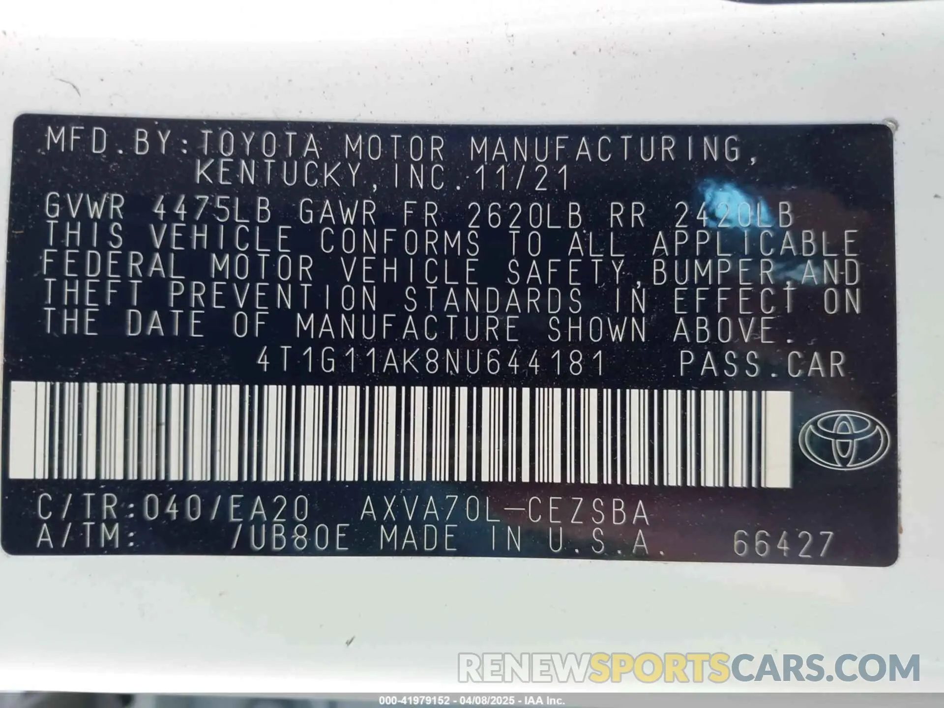 9 fotografías del automóvil dañado 4T1G11AK8NU644181 TOYOTA CAMRY 2022