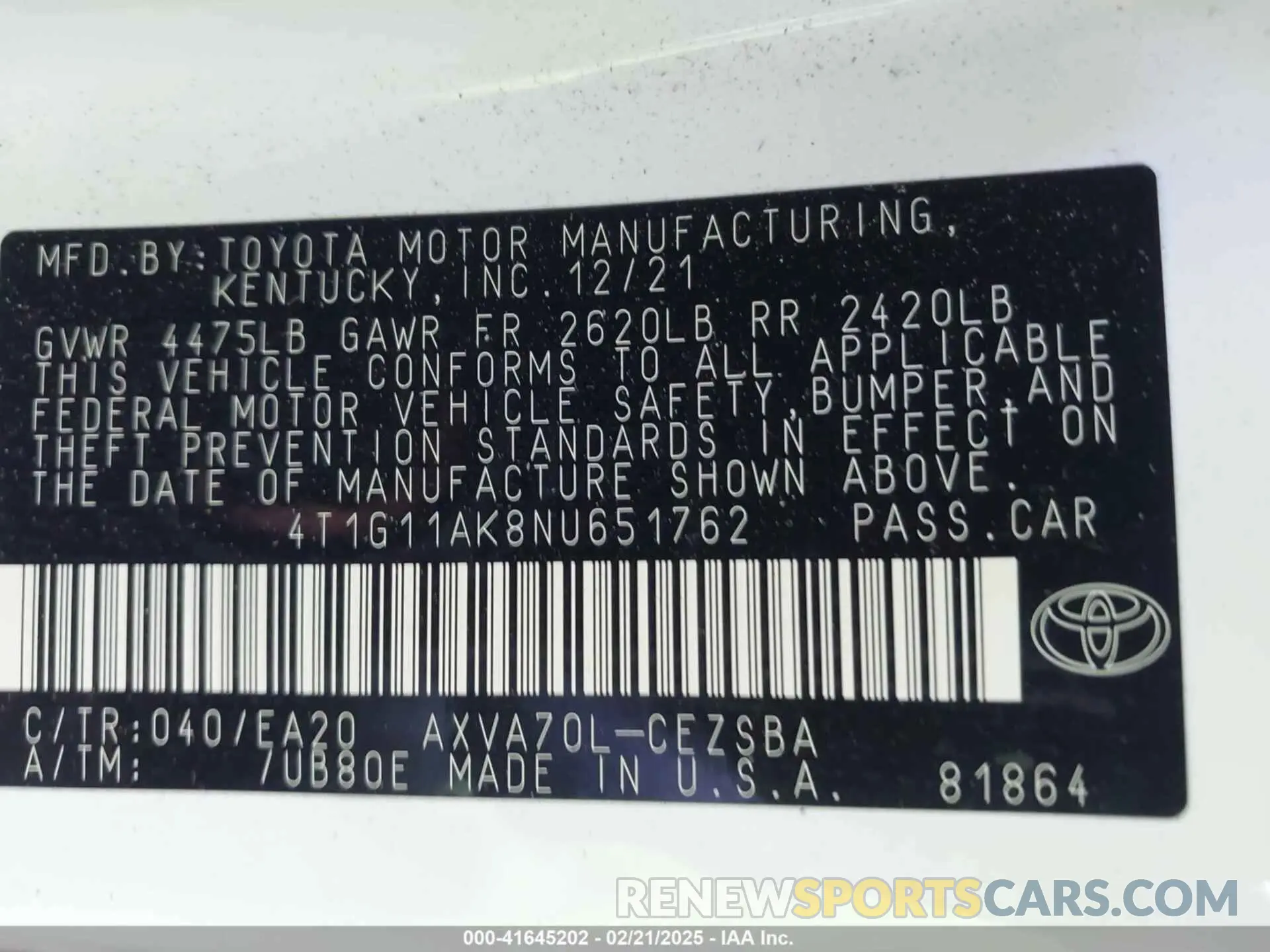 9 fotografías del automóvil dañado 4T1G11AK8NU651762 TOYOTA CAMRY 2022