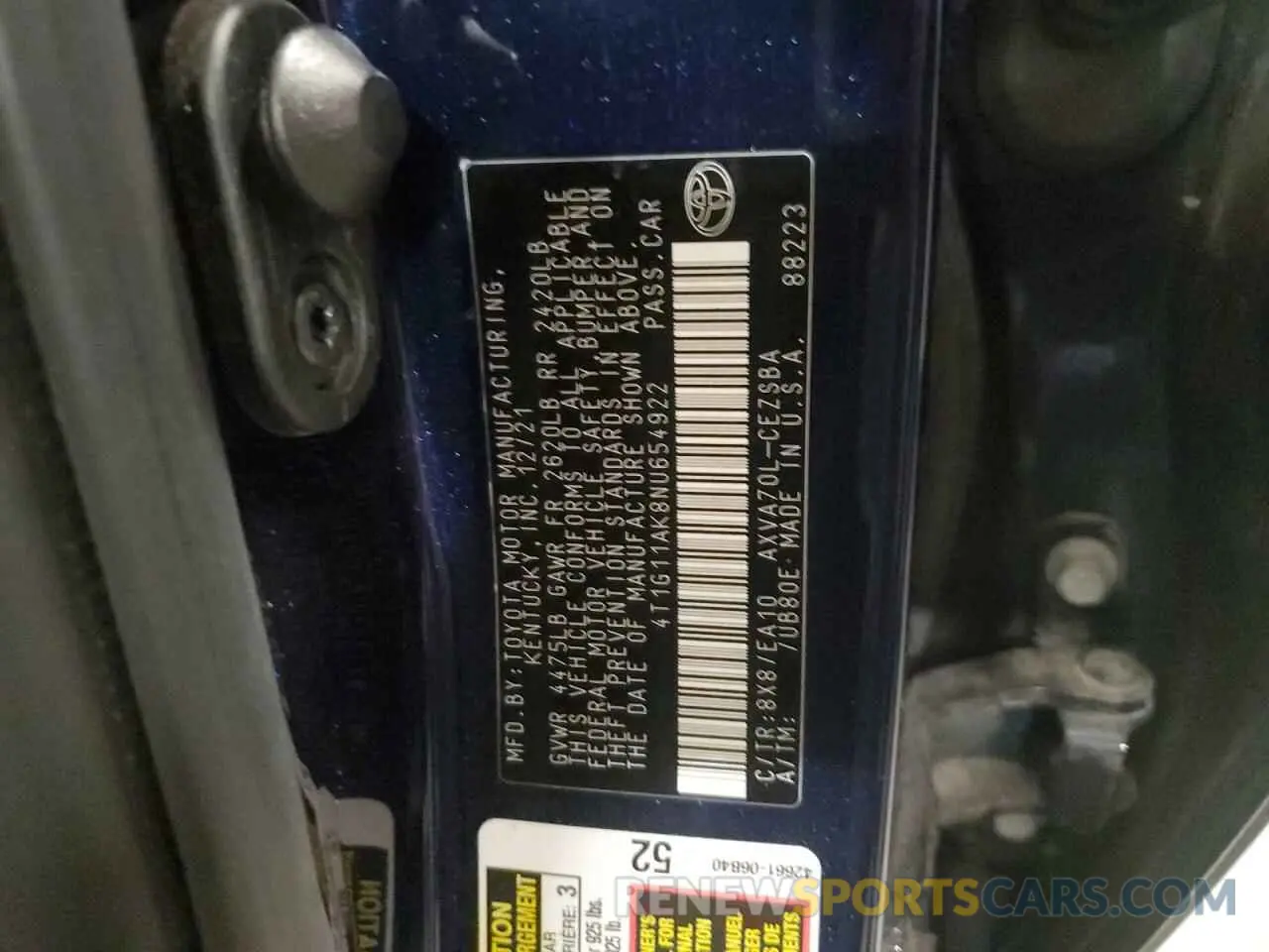 12 fotografías del automóvil dañado 4T1G11AK8NU654922 TOYOTA CAMRY 2022
