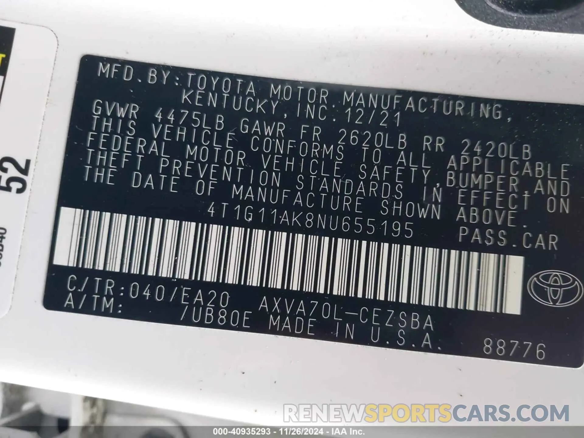 9 fotografías del automóvil dañado 4T1G11AK8NU655195 TOYOTA CAMRY 2022
