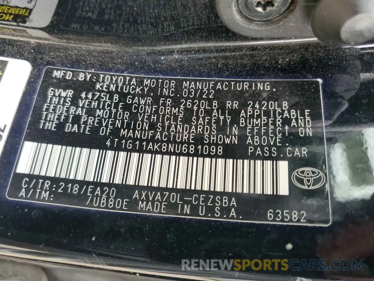 13 fotografías del automóvil dañado 4T1G11AK8NU681098 TOYOTA CAMRY 2022