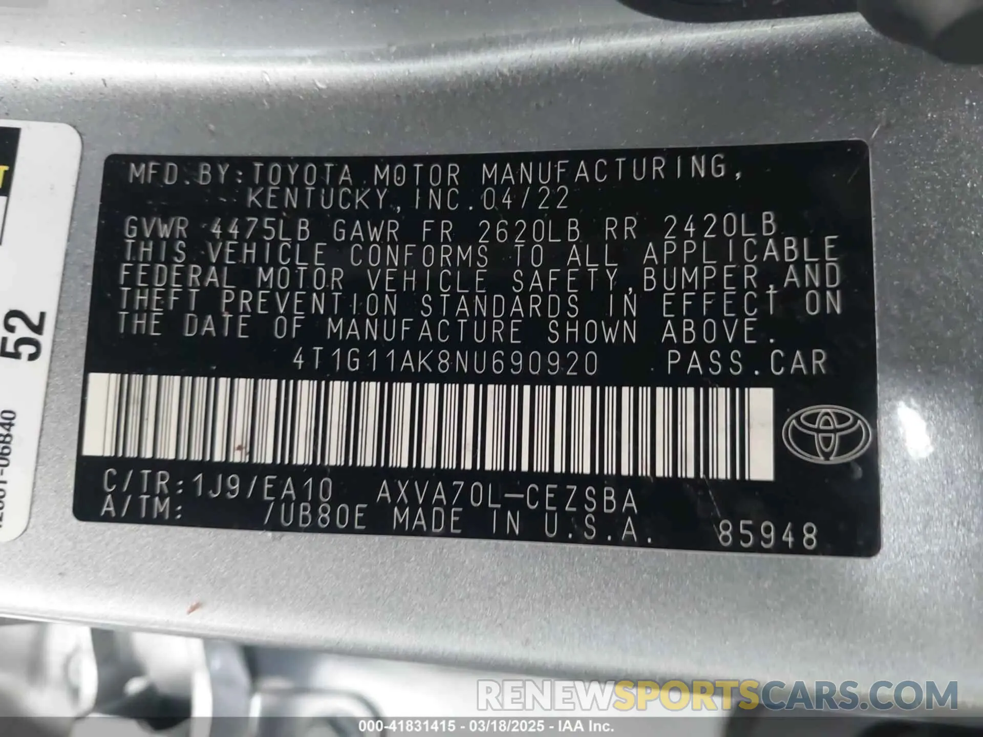 9 fotografías del automóvil dañado 4T1G11AK8NU690920 TOYOTA CAMRY 2022