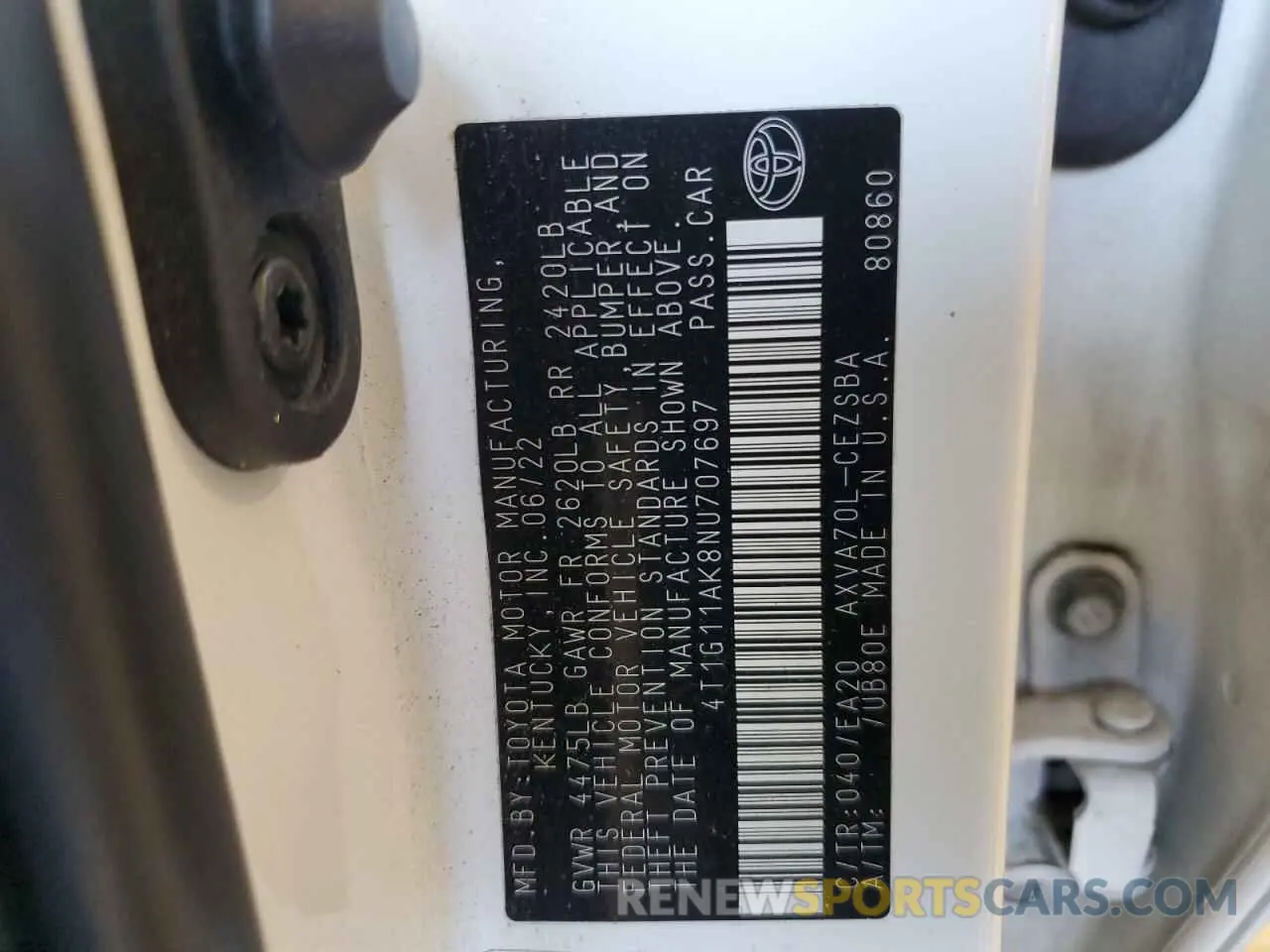 12 fotografías del automóvil dañado 4T1G11AK8NU707697 TOYOTA CAMRY 2022