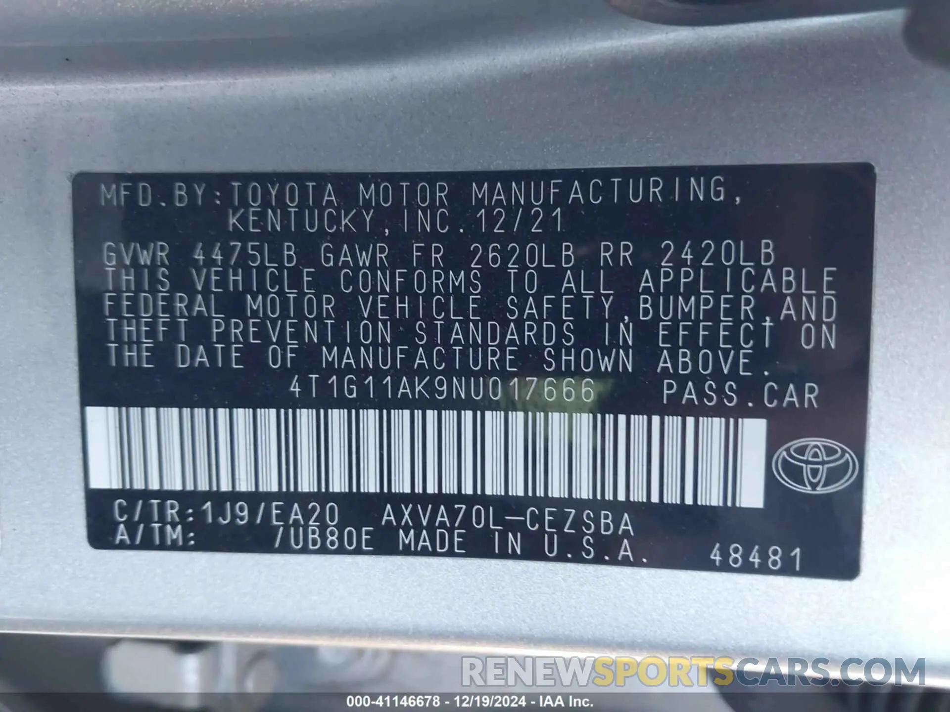 9 fotografías del automóvil dañado 4T1G11AK9NU017666 TOYOTA CAMRY 2022