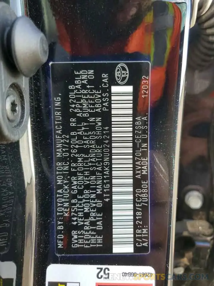 12 fotografías del automóvil dañado 4T1G11AK9NU024214 TOYOTA CAMRY 2022