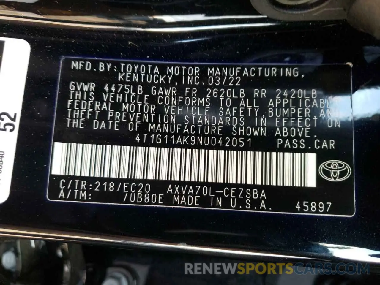 10 fotografías del automóvil dañado 4T1G11AK9NU042051 TOYOTA CAMRY 2022