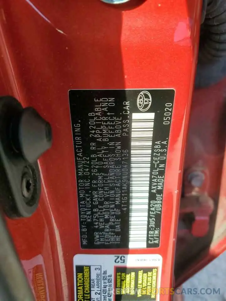 13 fotografías del automóvil dañado 4T1G11AK9NU047136 TOYOTA CAMRY 2022
