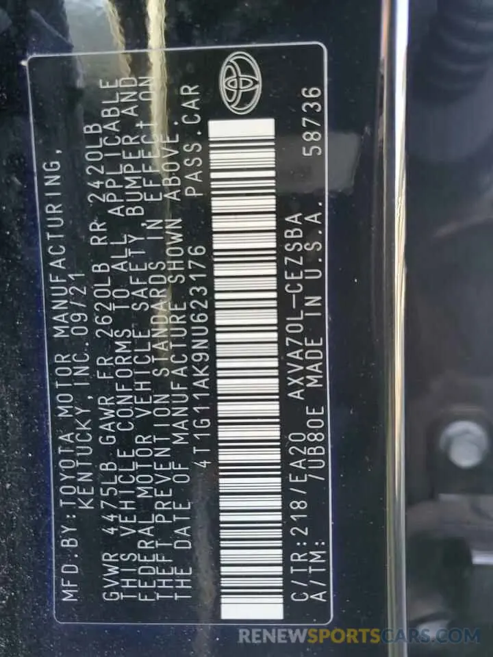 12 fotografías del automóvil dañado 4T1G11AK9NU623176 TOYOTA CAMRY 2022