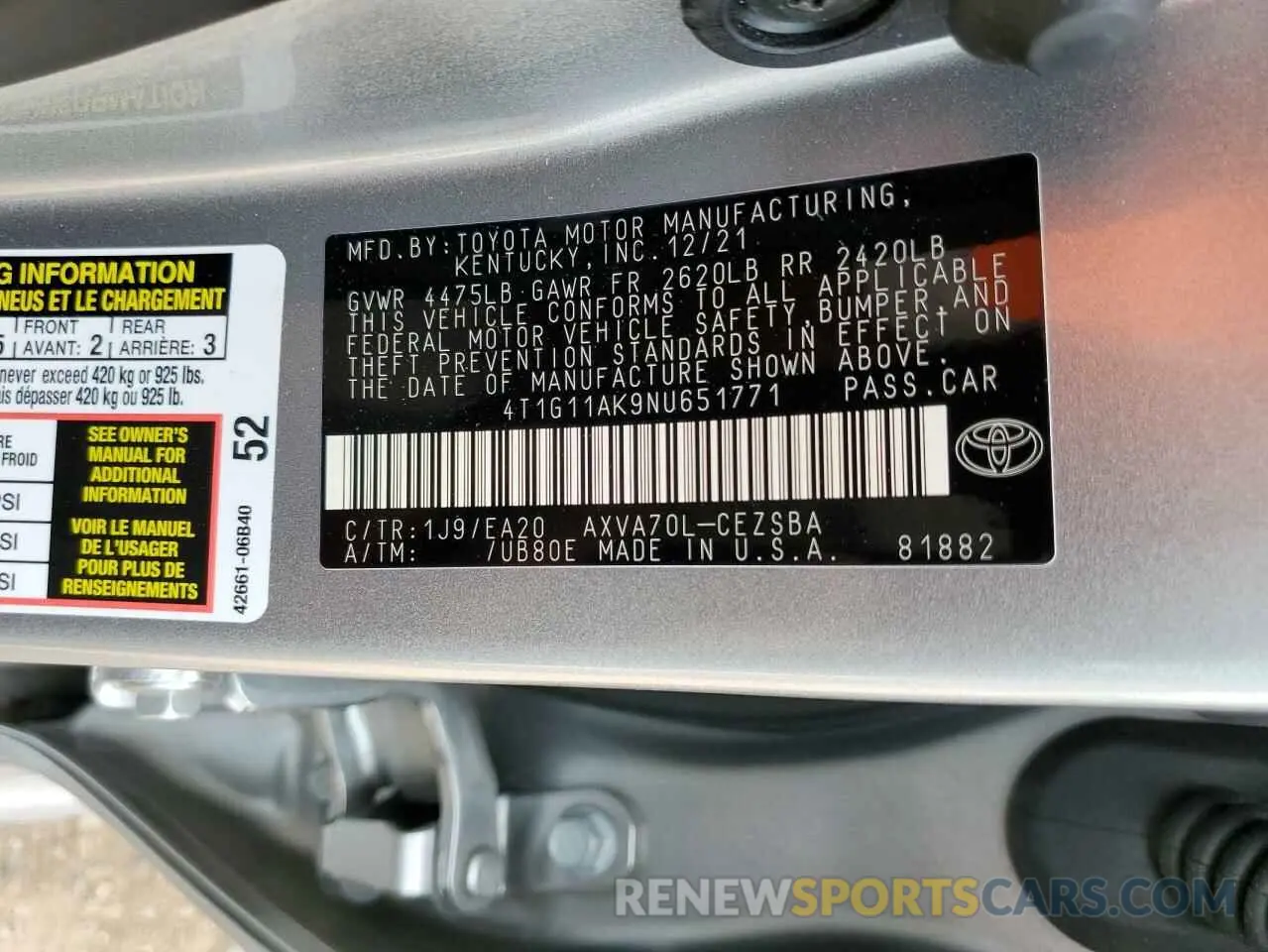 10 fotografías del automóvil dañado 4T1G11AK9NU651771 TOYOTA CAMRY 2022