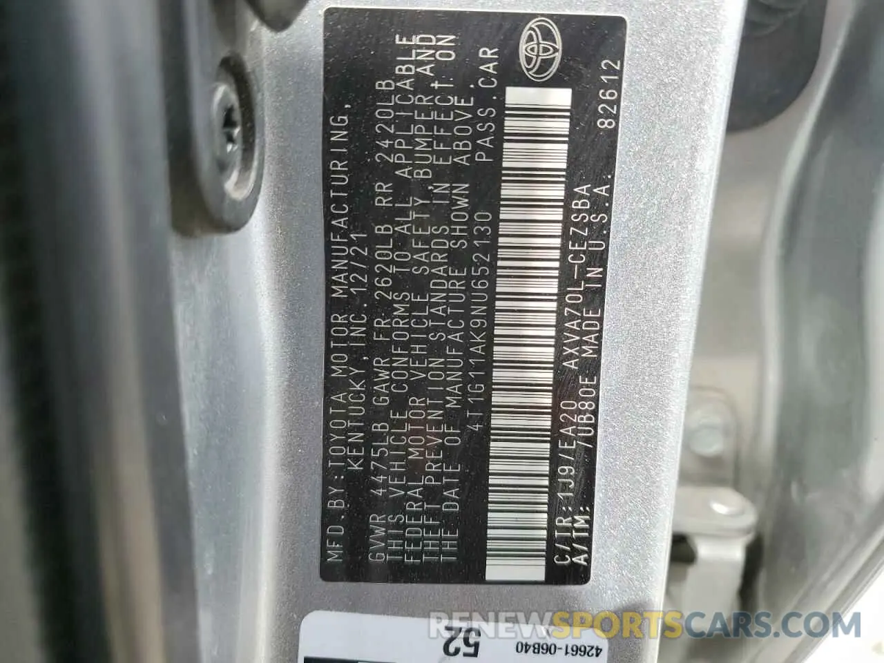 12 fotografías del automóvil dañado 4T1G11AK9NU652130 TOYOTA CAMRY 2022