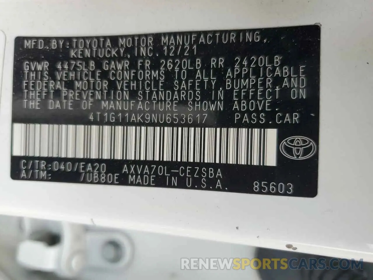 15 fotografías del automóvil dañado 4T1G11AK9NU653617 TOYOTA CAMRY 2022