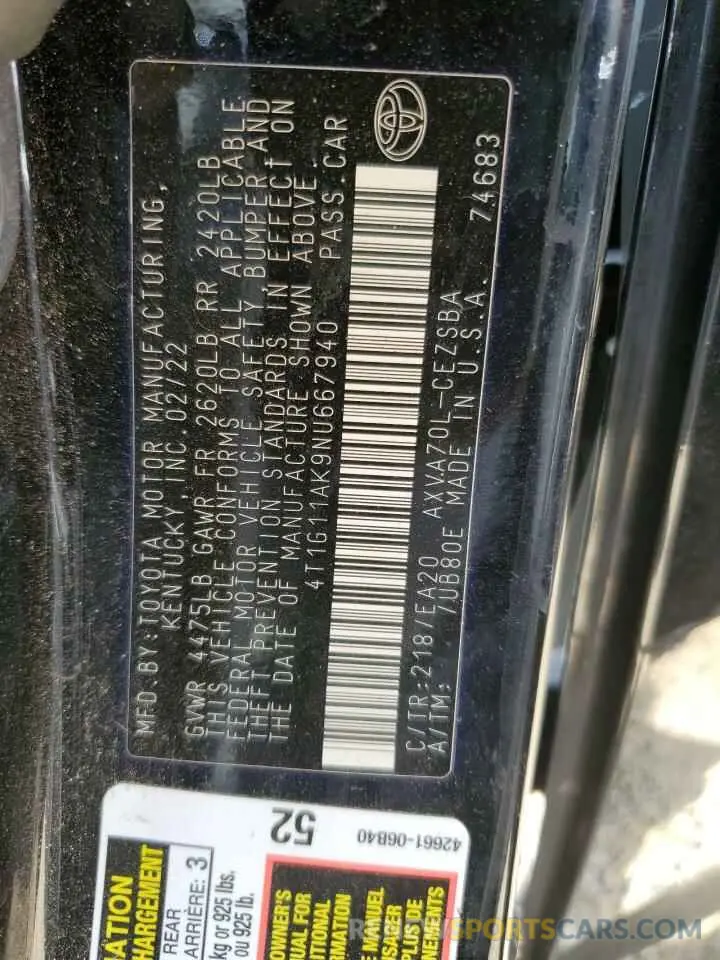 12 fotografías del automóvil dañado 4T1G11AK9NU667940 TOYOTA CAMRY 2022