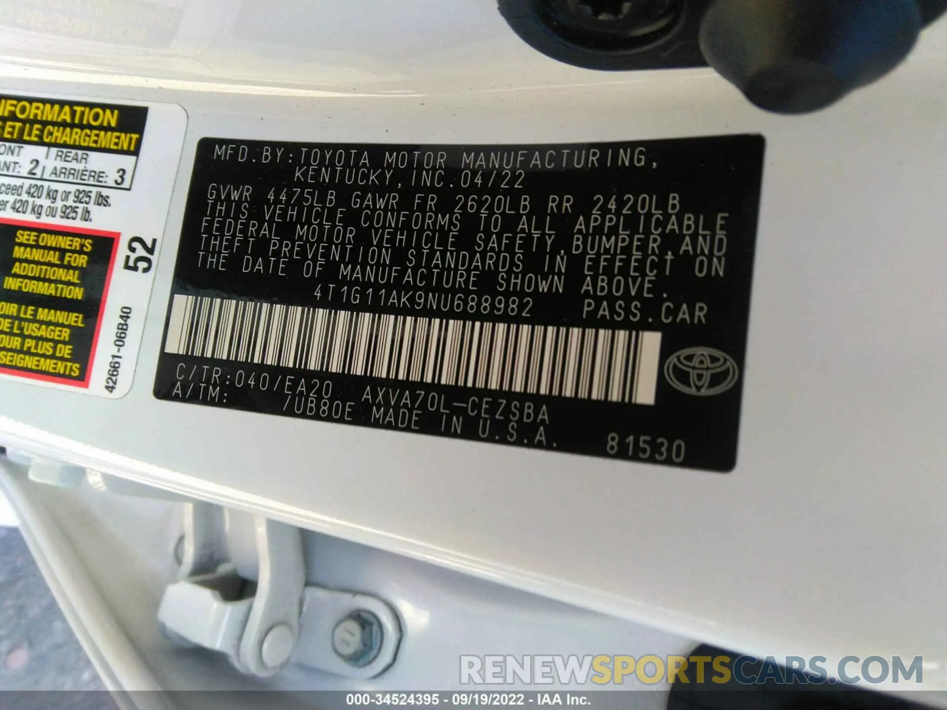 9 fotografías del automóvil dañado 4T1G11AK9NU688982 TOYOTA CAMRY 2022