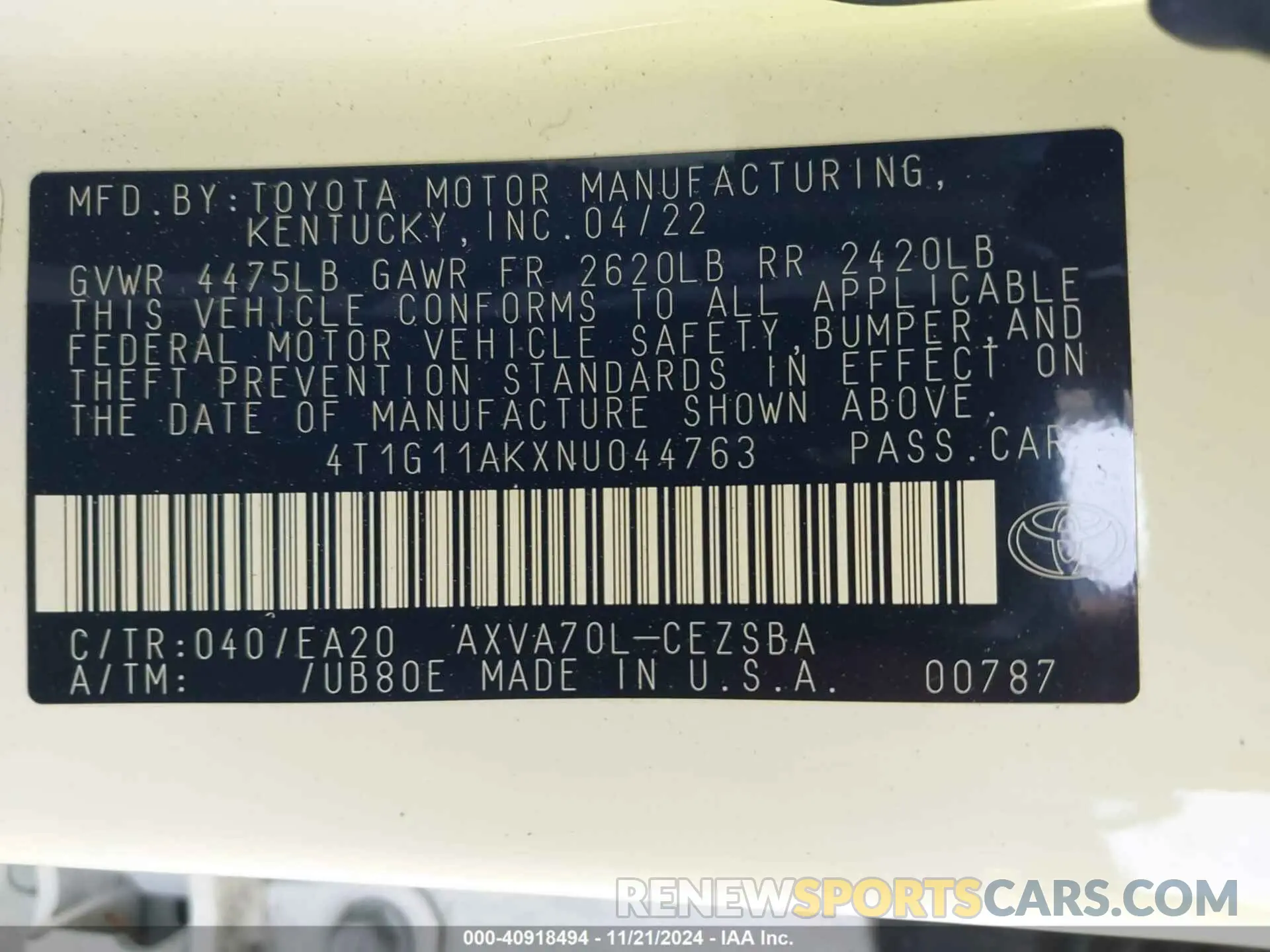9 fotografías del automóvil dañado 4T1G11AKXNU044763 TOYOTA CAMRY 2022