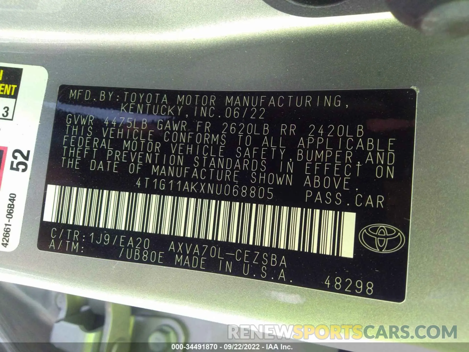 9 fotografías del automóvil dañado 4T1G11AKXNU068805 TOYOTA CAMRY 2022