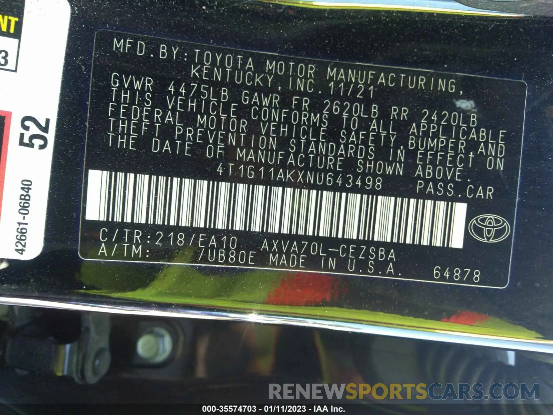 9 fotografías del automóvil dañado 4T1G11AKXNU643498 TOYOTA CAMRY 2022