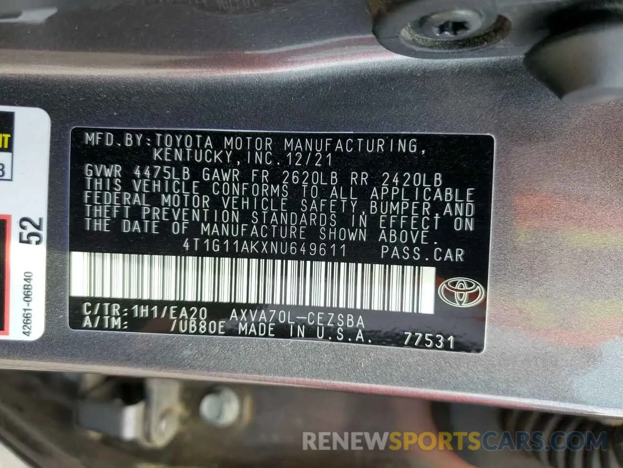 13 fotografías del automóvil dañado 4T1G11AKXNU649611 TOYOTA CAMRY 2022