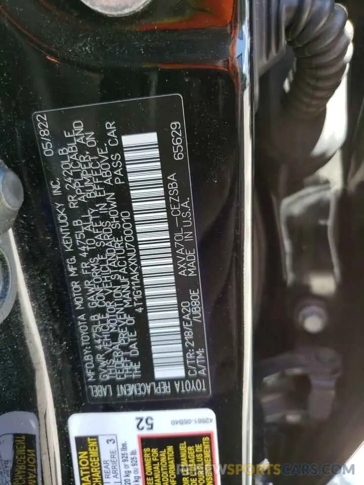 12 fotografías del automóvil dañado 4T1G11AKXNU700010 TOYOTA CAMRY 2022